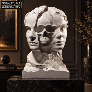 May include: A white digital STL file sculpture featuring two human faces split apart to reveal a central human skull. The text DIGITAL STL FILE NO PHYSICAL ITEM is displayed in the top left corner of the image. The sculpture is on a base.