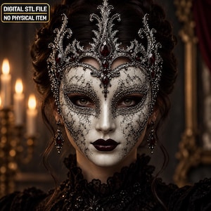 May include: A digital STL file for a decorative mask featuring an intricate black filigree pattern over a white base, adorned with dark red gemstones. The mask includes an elaborate crown-like top section and matching dangling earrings.