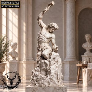 Pode incluir: Um arquivo de modelo 3D digital de uma figura musculosa ajoelhada sobre uma rocha, segurando um martelo no alto com uma mão e um cinzel na outra. A escultura apresenta anatomia detalhada e superfícies de pedra texturizadas. Texto DIGITAL STL FILE.
