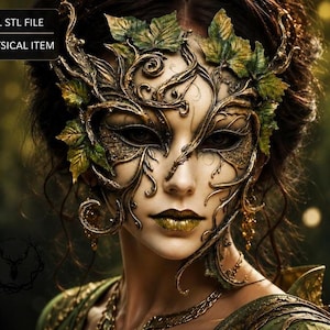 Può includere: Un file STL digitale di una maschera decorativa con complessi filigrana dorati, motivi a viticcio e accenti di foglie verdi. La maschera copre la parte superiore del viso e la fronte. Il testo recita: DIGITAL STL FILE NO PHYSICAL ITEM.