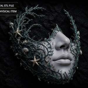 May include: A digital STL file of a mask featuring a pale, neutral-toned face adorned with intricate, dark teal, branch-like filigree, starfish, and seashell accents. The text 'DIGITAL STL FILE' and 'NO PHYSICAL ITEM' is visible in the top corner.