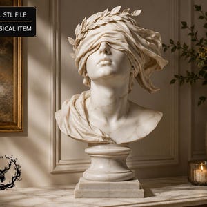 May include: A white marble-style bust of a blindfolded figure wearing a laurel wreath crown, set on a square pedestal base. The text DIGITAL STL FILE NO PHISICAL ITEM is visible in the upper left corner, and a deer logo is in the lower left.