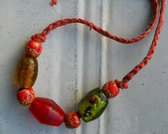 Festival tribal new modern primitive hippie boho necklace with chunky glass beads on hand-braided, hand-dyed hemp cord minimal