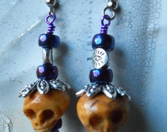 The Real Dia de Los Muertos Adorable purple and skull earrings