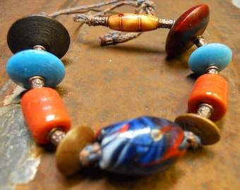 Chunky boho choker with mixed vintage beads, glass and wood