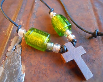 Necklace simple wood cross with lampwork glass beads on leather cord boho rustic minimalist