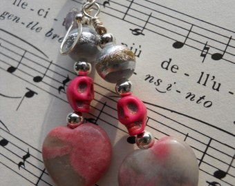 The Real Dia de Los Muertos Skull Love Earrings Pink Hearts Pink Skulls Dangle Lampwork Glass