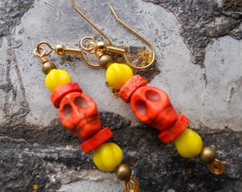 Halloween jewelry The Real Dia de Los Muertos yellow and orange skull dangle earrings, fun for Halloween