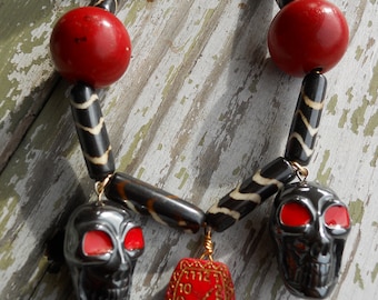 The Real Dia de Los Muertos Skull Necklace Tribal Chunky Beads Hematite Bone Vintage Wood 30 and under