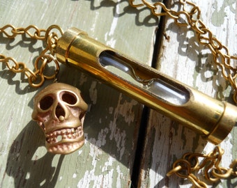 Price reduced, was 29 Brass skull pendant The Real Dia de Los Muertos steampunk minimalist necklace with Tibetan skull, sandtimer