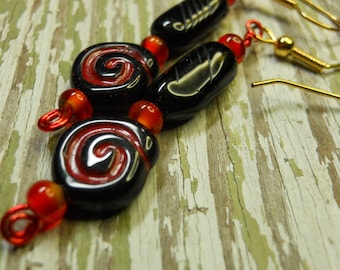 Earrings red and black dangle Cardinal colors vintage beads Czech glass