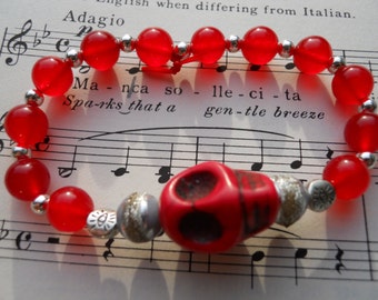 Halloween jewelry The Real Dia de Los Muertos Red Skull Stretch bracelet with evil eye talisman beads and red jade