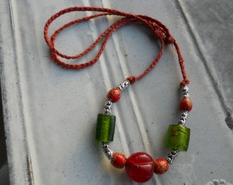 Juicy Cherry Red and Apple Green tribal hippie boho necklace on hemp cord with chunky lampwork glass foiled beads