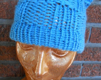 Handmade fall, winter, and spring knit cap loom knit hat blue sky blue fits small to medium head, soft warm acrylic yarn