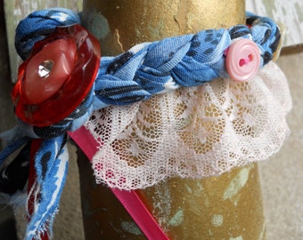 Boho feminine dainty Victorian shabby, pretty fabric cuff bracelet, vintage buttons, lace, ribbons, bridesmaid bracelet