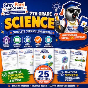 May include: A 7th Grade Science complete curriculum bundle featuring a cartoon parrot mascot wearing a graduation cap and sunglasses. The educational materials include five weekly lesson sheets, icons for lessons, worksheets, and answer keys.