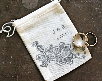 Personalized Wedding Ring Bag, Elopement or Proposal - Rustic cotton drawstring pouch for wedding ceremony, ring bearer, ring warming
