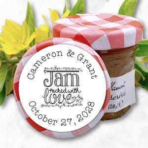 Mini Favor Labels for Wedding or Party - 1 ounce jam jar tags for guest gifts - 30 personalized stickers - Jam Packed with Love, guest gifts