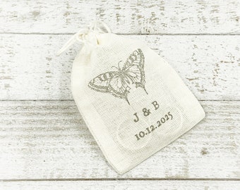 Personalized Wedding Ring Bag - Rustic cotton ring bag for ring warming ceremony, ring bearer, Vintage butterfly design, ring pouch