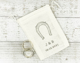 Rustic Wedding Ring Bag - Personalized drawstring ring pouch, Lucky Horseshoe, rustic wedding, ring pillow - Perfect detail for Elopement