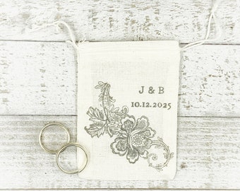 Personalized Wedding Ring Bag, Rustic cotton drawstring pouch for wedding ceremony, ring bearer, ring warming, engagement, proposal