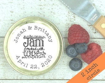 Jam Labels for Wedding, Shower, or Party Favors - 20 Personalized stickers, 2 inches round - Jam Packed with Love, mason jar, canning tag