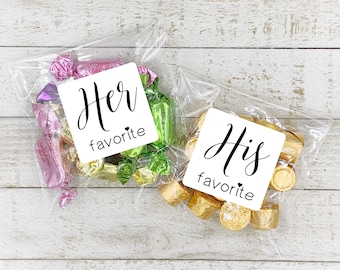 His and Her Favorite wedding favors, 10 His & 10 Hers, favor bags and stickers for hotel welcome bags, shower gifts, food safe favor bags
