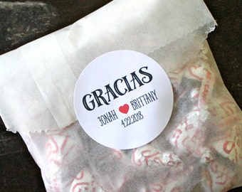 Wedding favor labels, 2" round, set of 20. Gracias, personalized stickers. White or Kraft brown. Bridal shower, wedding favor sticker.