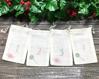 Advent calendar set - 24 cloth drawstring bags with twine for display - Hand stamped, rustic chic holiday decor - Christmas countdown kit
