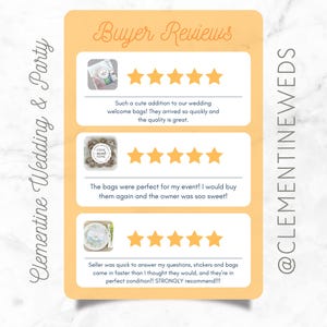 Buyer reviews for Clementine Weddings.  Three five-star reviews are shown.  #1 Just in Case labels: Cute addition to our wedding welcome bags!  #2 Realtor labels: Perfect for my event. Owner was so sweet! #3 Lottery Ticket Labels: Strongly recommend!