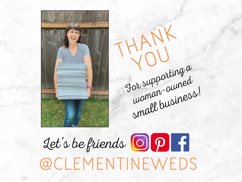 Photo of shop owner Brittany holding a huge stack of shipping envelopes, with a big smile!  Text overlay reads: Thank You for supporting a woman-owned small business! Let's be friends @clementineweds. Social media icons for Instagram, Pinterest, and Facebook are also included.