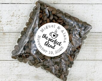 Coffee Favor Stickers for Wedding, Party or Shower - The Perfect Blend, personalized stickers with optional favor bags for coffee or tea