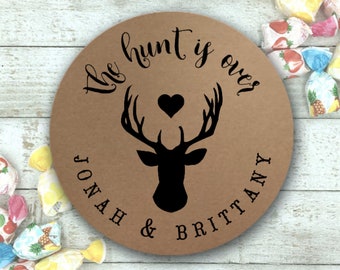 Rustic Favor Labels for Wedding, Party, Shower - 20 personalized stickers, The Hunt is Over, wedding announcement, country, deer, sportsman