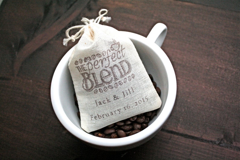 Personalized Coffee Favor Bags for Wedding, Shower, Party The Perfect Blend, hand stamped cotton drawstring bags for coffee gift for guests image 3