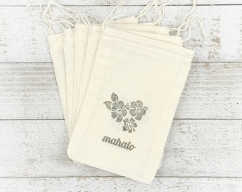 Thank You Favor Bags for Wedding, Shower, or Party - Cotton drawstring gift bags - Hawaiian hibiscus, Mahalo - Destination, tropical wedding