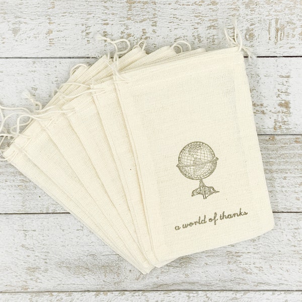 Thank You Favor Bags for Wedding, Shower, or Party - Drawstring cotton gift bags, vintage globe, world of thanks - Travel theme party idea
