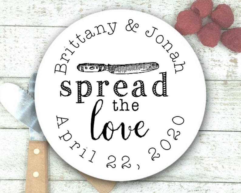 Personalized Stickers for Wedding, Shower, Engagement Party 30 Spread the Love favor labels 1.5in For mini jam favors, party favors image 1