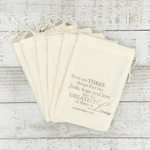 Favor Bags for Wedding, Shower or Party Cotton drawstring gift bags, First Corinthians text Christian wedding, religious, church wedding image 1