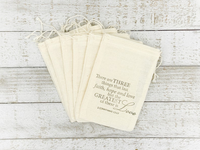 Favor Bags for Wedding, Shower or Party Cotton drawstring gift bags, First Corinthians text Christian wedding, religious, church wedding image 1