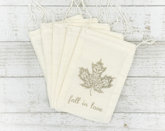 Fall Favor Bags for Wedding, Shower, Party -  Drawstring cloth gift bags - Autumn maple leaf, Fall in Love, rustic woodland wedding favor