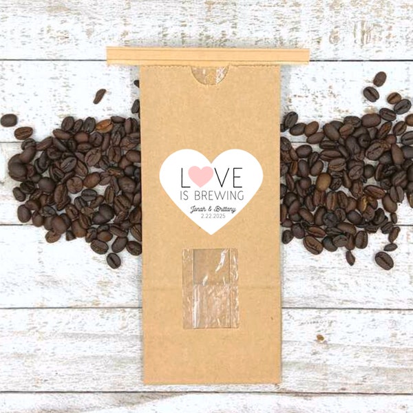 Coffee Wedding Favor Bags - Love is Brewing, 15 heart shaped stickers, add on tin tie gift bags, personalized favor labels, guest gift