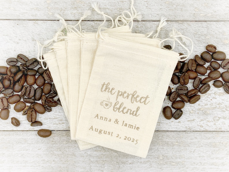 Personalized Coffee or Tea Favor Bags Cotton favor bags for wedding, shower or party The Perfect Blend, hand stamped gift bag for guests image 1