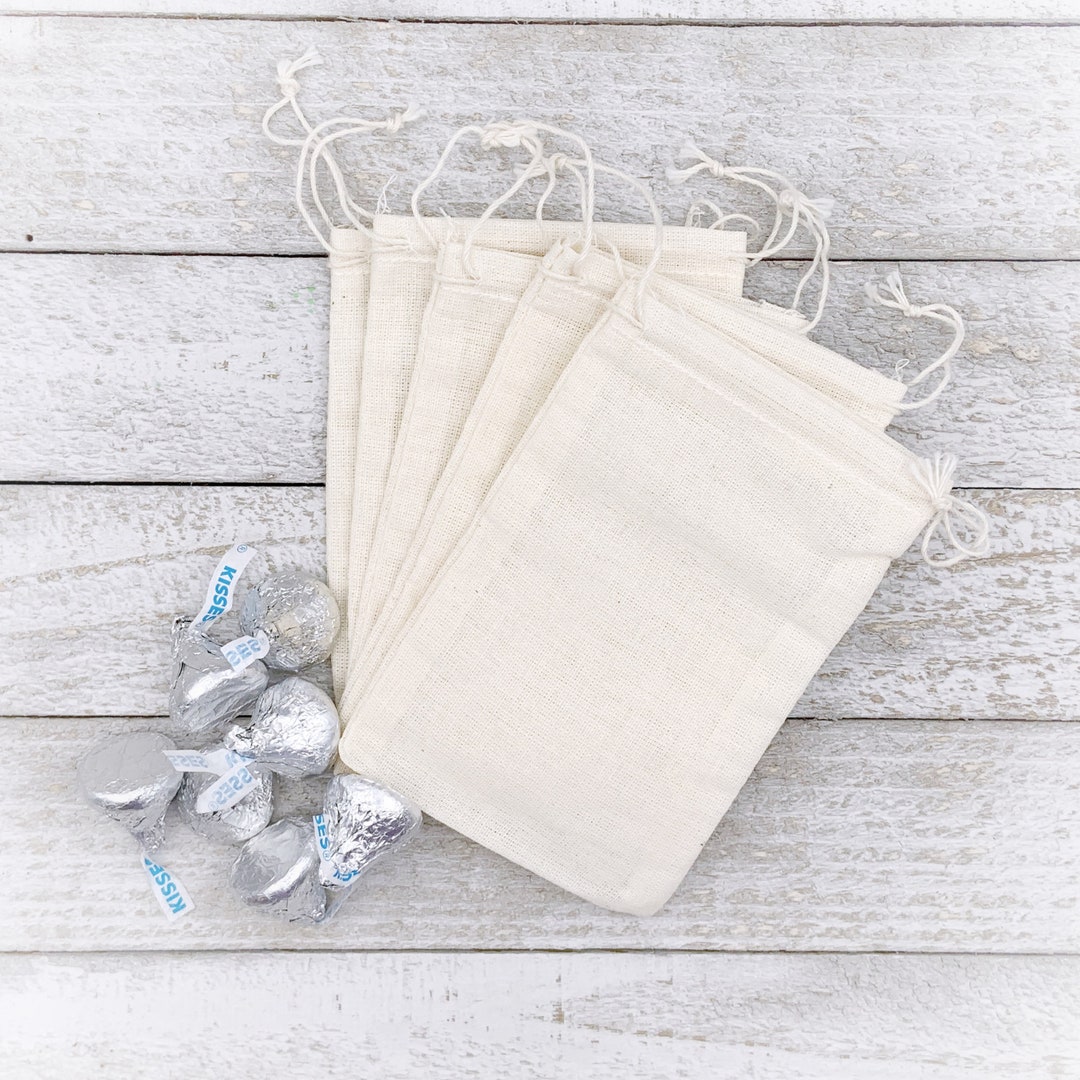 Cloth Favor Bags 25 Natural Cotton, Double Drawstring Bags for Wedding