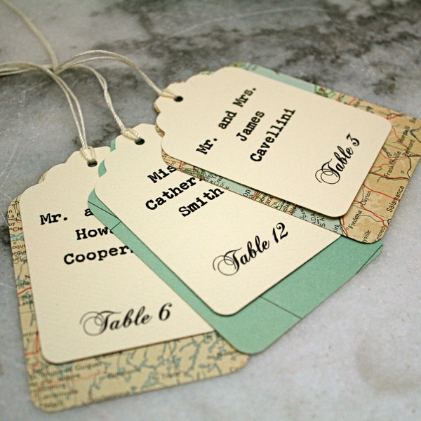 Wedding escort card, seating card.  Unique layered escort cards made from vintage atlas pages.  Custom printed.