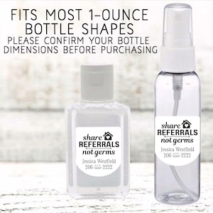 Two sanitizer bottles are shown.  One is a skinny spray bottle, the other a small square bottle.  Each has a custom tag.  Overlay text: 'Fits most 1 or 2 ounce bottle shapes.  Please confirm your bottle size before purchasing.'