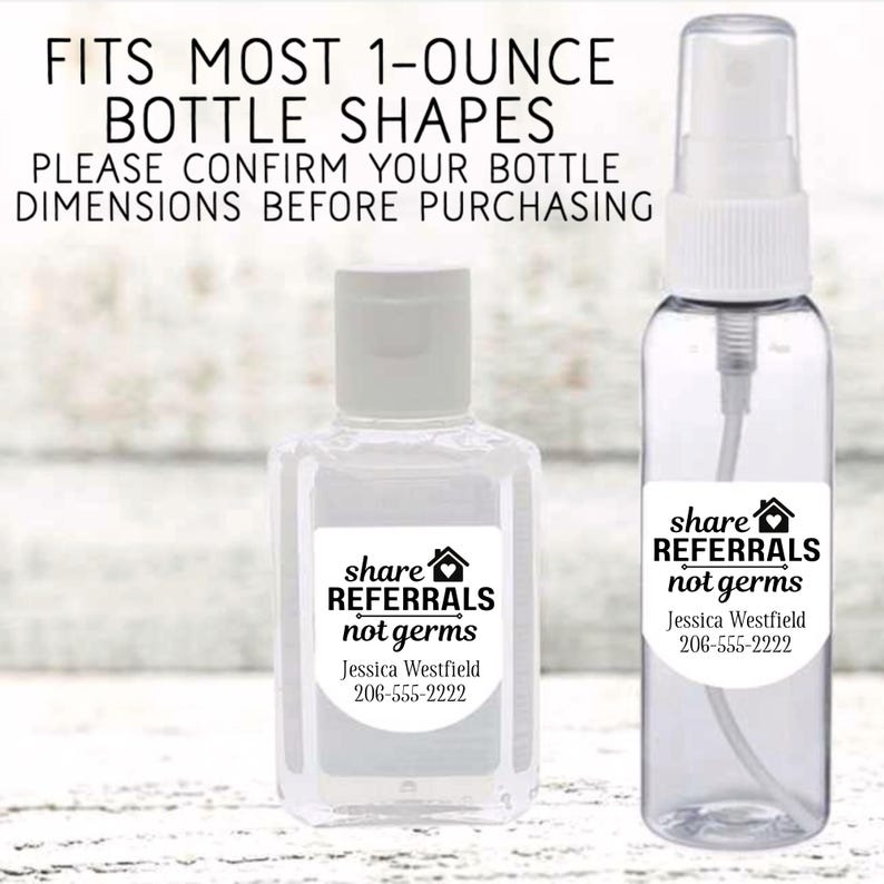 Two sanitizer bottles are shown.  One is a skinny spray bottle, the other a small square bottle.  Each has a custom tag.  Overlay text: 'Fits most 1 or 2 ounce bottle shapes.  Please confirm your bottle size before purchasing.'
