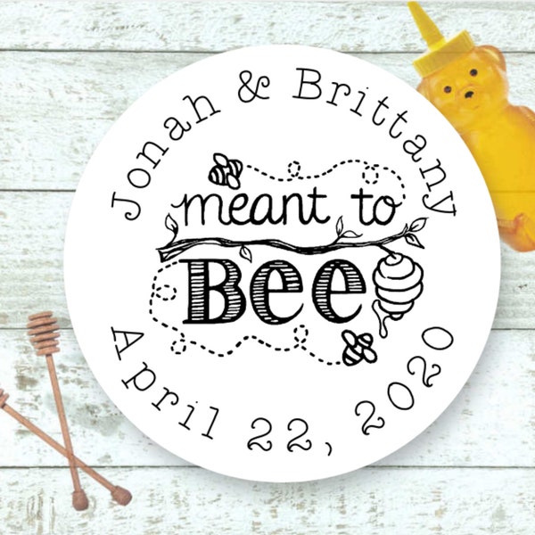 Honey Favor Stickers - 63 Personalized Labels, 1in round - Meant to Bee, mini jar tags for wedding, bridal shower, party, engagement