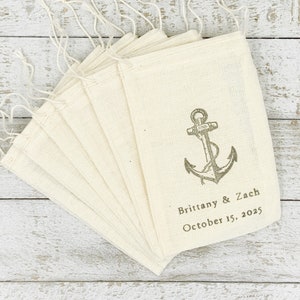 Nautical Favor Bags for Wedding, Shower, or Party -  Personalized cloth gift bags, Hand stamped with anchor custom text, Rustic gift wrap