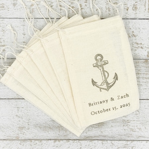 Nautical Favor Bags for Wedding, Shower, or Party -  Personalized cloth gift bags, Hand stamped with anchor custom text, Rustic gift wrap