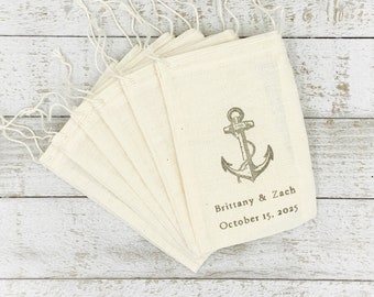 Nautical Favor Bags for Wedding, Shower, or Party -  Personalized cloth gift bags, Hand stamped with anchor custom text, Rustic gift wrap